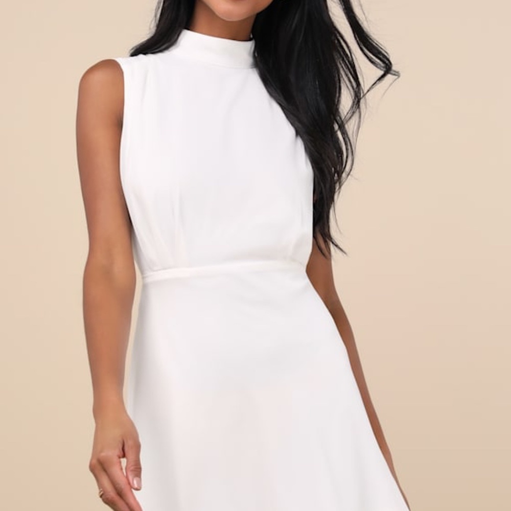 Lulus Classic Elegance White Chiffon Sleeveless Mock Neck Mini Dress - Size M
